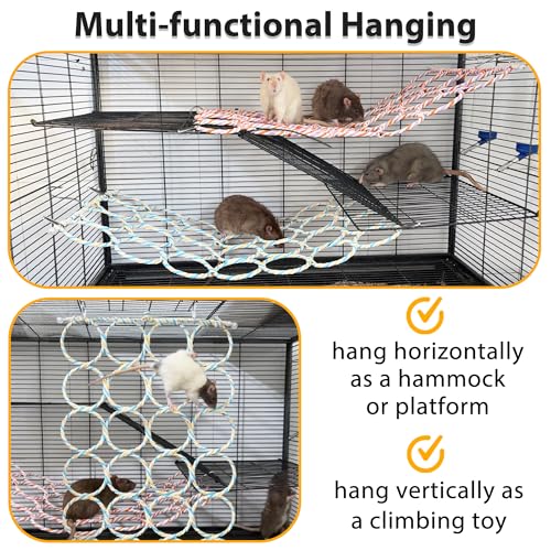 Rat Climbing Rope Net Toy for Cage, Hanging Swing Toy (Random Color) | Multifunctional Small Pet Activity Toy Works As Hemp Perch, Rope Ladder, Bridge and Hammock for Rats, Birds to Climb and Rest
