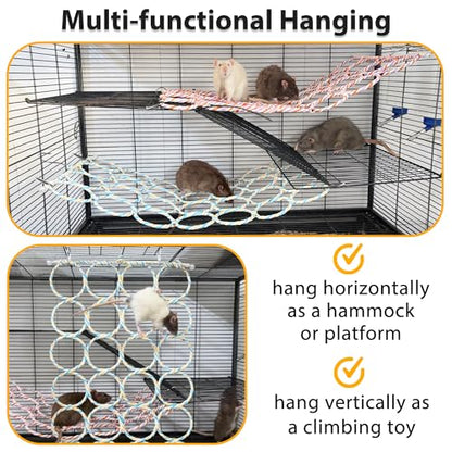 Rat Climbing Rope Net Toy for Cage, Hanging Swing Toy (Random Color) | Multifunctional Small Pet Activity Toy Works As Hemp Perch, Rope Ladder, Bridge and Hammock for Rats, Birds to Climb and Rest