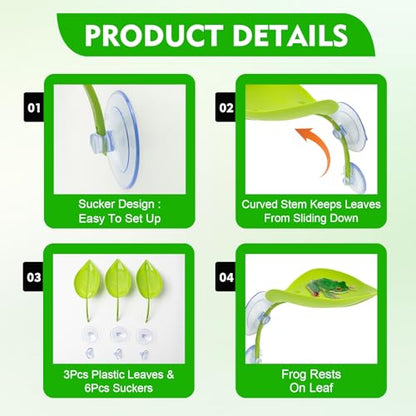 3PCS Leaf Decorations with Suction Cups, Frog Habitat for Terrarium Decor, Reptile Tank Accessories for African Dwarf Frog Top Water Frog Dart Frog Tree Frog (Green)