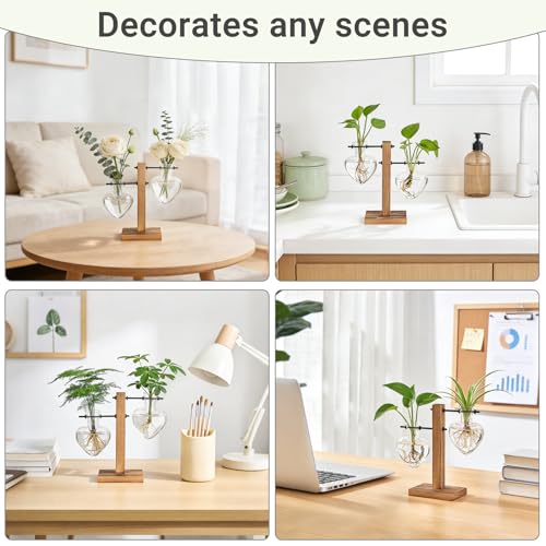 Mkono Propagation Stations,2 Heart Shaped Glass Plant Vases with Wood Stand | Hydroponic Terrarium, Desktop Propagation Jars, Cute Air Plant Flower Holder,Home Office Decor, Plant Lover Gardening Gift - size: 2 Heart Bulb Vase