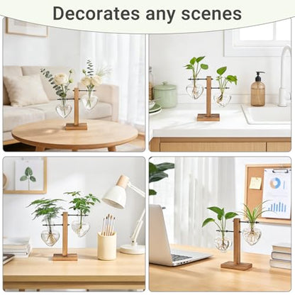 Mkono Propagation Stations,2 Heart Shaped Glass Plant Vases with Wood Stand | Hydroponic Terrarium, Desktop Propagation Jars, Cute Air Plant Flower Holder,Home Office Decor, Plant Lover Gardening Gift - size: 2 Heart Bulb Vase