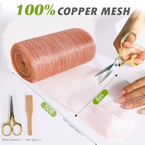 8" x 50 ft Copper Mesh Rodent Control Copper Wool for Slug Mice Snail Pest | Copper Mesh for Mice Pest Snail Bat Control Copper Steel Wool for Weep Hole Covers Blocks Gap Rodent Mesh Scissors Included - size: 8 inx50 ft