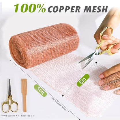 8" x 50 ft Copper Mesh Rodent Control Copper Wool for Slug Mice Snail Pest | Copper Mesh for Mice Pest Snail Bat Control Copper Steel Wool for Weep Hole Covers Blocks Gap Rodent Mesh Scissors Included - size: 8 inx50 ft