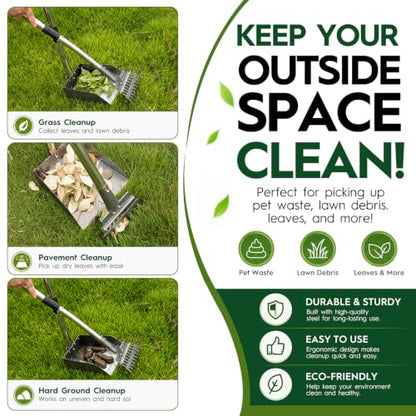 Long Handle Dog Pooper Scooper with Extension & Spare Poles, Stainless Steel Rustproof for Large Medium Dogs Yard Lawn | Ergonomic height adjustment, Four optional configurations, fits various grounds, easy to clean, free gloves & hook - size: Large 2‑Pc