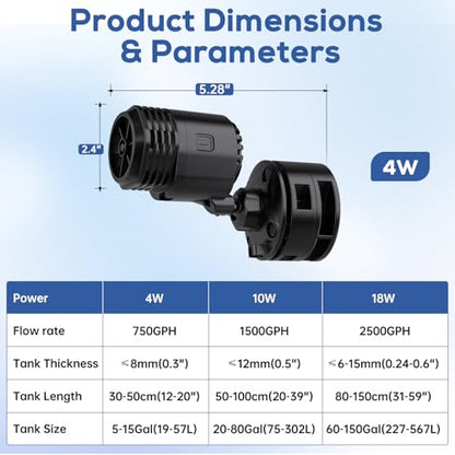 hygger Aquarium Wave Maker 4W 750GPH Submersible Water Circulation Pump with Magnetic Base, Quiet Rotating Powerhead for 5-15 Gallon Freshwater & Saltwater Tanks - size: S