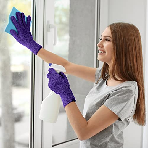 3 Pairs Microfiber Gloves Dusting Cleaning Gloves Plants Gloves Lengthen Thicken Cleaning Gloves Mitt for Blind(Purple, Blue, Rose Red)
