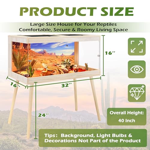 ROYXEN Bearded Dragon Tank with Leg Stand,34 Gallon Tempered Glass Reptile Tank with Metal Mesh Top, 3-Side Clear Anti-Scratch Glass Lizard Tank,Snake Tank for Reptile Habitat (Oak,32" Length) - color: Oak, size: 34Gal,32x16x16inch