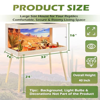 ROYXEN Bearded Dragon Tank with Leg Stand,34 Gallon Tempered Glass Reptile Tank with Metal Mesh Top, 3-Side Clear Anti-Scratch Glass Lizard Tank,Snake Tank for Reptile Habitat (Oak,32" Length) - color: Oak, size: 34Gal,32x16x16inch