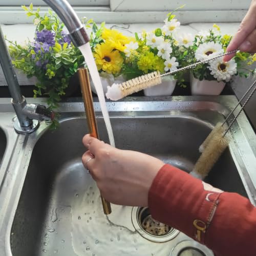 Bottle Brushes Thin Long Handle X 4, Natural Boar Bristle Set | Stainless Steel Bendable Wire Cleaner with Wool Tip, Slim Flexible for Cleaning Narrow Neck Bottles, Pipes, Tubes, Hoses