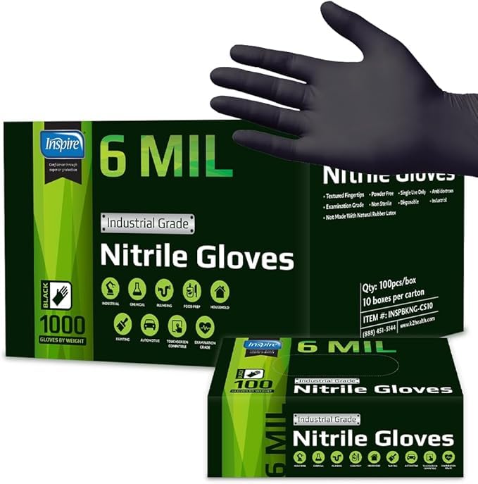 Inspire Black Nitrile Gloves HEAVY DUTY 6 Mil Nitrile Chemical Resistant Medical Cooking Cleaning Disposable Black Gloves - size: Large, style: Black 6mil Case of 1000