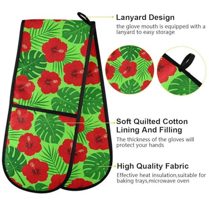 Dual-functionality Mitts and Pot Holders Sets High Heat Resistant Pot Holder Gloves Kitchen Aid BBQ (Hawaiian Flowers Floral Red Green) - color: Hawaiian Flowers Floral Red Green