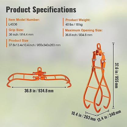 VEVOR Timber Claw Hook, 36 inch 4 Claw Log Grapple for Logging Tongs, Swivel Steel Log Lifting Tongs, Eagle Claws Design with 3307 lbs/1500 kg Loading Capacity for Tractors, ATVs, Trucks, Forklifts - style: 36in-Swivel