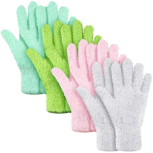 4 Pairs Microfiber Dusting Gloves Washable Reusable Cleaning Gloves Mittens for Plants House Cleaning Car Blinds - color: Green, Water Blue, Pink, White, size: Medium
