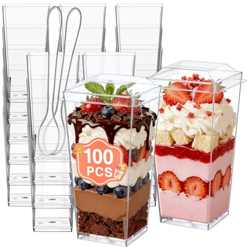 Eupako 3 oz Plastic Dessert Shooter Cups with Lids - 100 Pack Mini Clear Square Appetizer Cup, Small Dessert Cup for Jello Shots, Parfait, Puddings, Mousse - style: Square - 3 oz - 100 Set