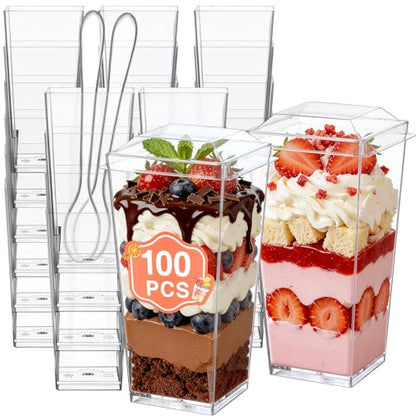 Eupako 3 oz Plastic Dessert Shooter Cups with Lids - 100 Pack Mini Clear Square Appetizer Cup, Small Dessert Cup for Jello Shots, Parfait, Puddings, Mousse - style: Square - 3 oz - 100 Set