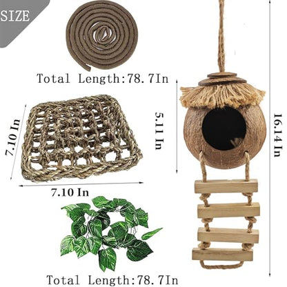 Gecko Tank Accessories,Grested Gecko Coconut Hideout Hut with Ladder Reptile Hanging Plants Climbing Bearded Dragon Hammock Flexible Jungle Vine Leaves Terrarium Decor - style: 【Style C】