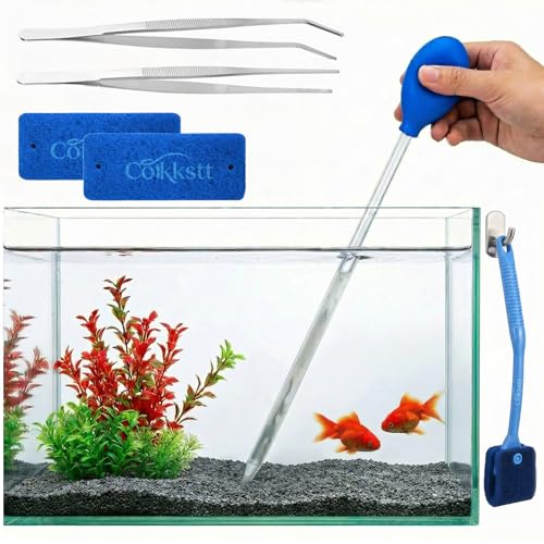 6 Pcs Aquarium Gravel Cleaner Tool Set, 15In Fish Tank Cleaner Kit with 12In Siphon Pipes, 1 Straight tweezer & Curved tweezer, Gravel Vacuum for Aquarium, Fish Tank Accessories and Aquarium Tools