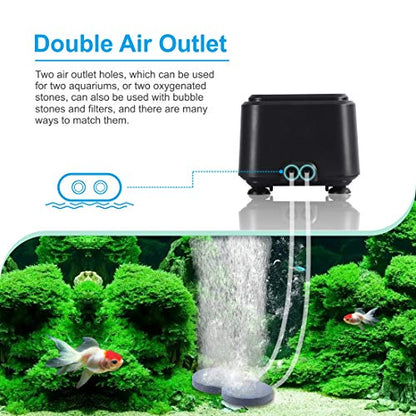 hygger Quiet <30dB Aquarium Air Pump, Adjustable Low Decibel Oxygen Fish Tank Pump 2 Air Outlets Ultra Silent Powerful Aerator Pump with Accessories Max 80GPH/160GPH/255GPH(5W, Up to 150Gallon) - size: 5W, Up to 150Gallon