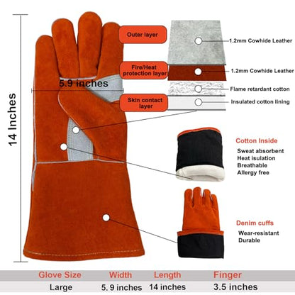 Welding Gloves Heat Resistant Leather Fireproof Gloves 14" L Red | Welders Gloves for MIG TIG Stick, Grill Gloves Mitts for BBQ,Oven,Forge,Fireplace,Fire Pit,Furnace,Wood Stove,Dry Ice,Baking - color: 14 Inches Red