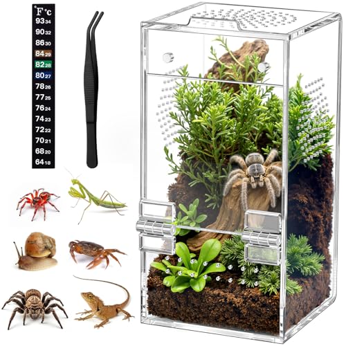 Pre-Assembled Jumping Spider Enclosure, All-Side Ventilation | 3.5"×3.5"×7" Escape-Proof Spider Terrarium Kit with Accessories & Magnetic Door for Tarantula, Mantis, Tweezer & Temp Sticker - size: Small Vertical (3"×3"×7")