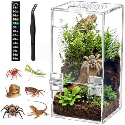Pre-Assembled Jumping Spider Enclosure, All-Side Ventilation | 3.5"×3.5"×7" Escape-Proof Spider Terrarium Kit with Accessories & Magnetic Door for Tarantula, Mantis, Tweezer & Temp Sticker - size: Small Vertical (3"×3"×7")