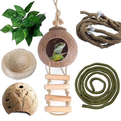 kathson Lizard Coco Den with Ladder, Reptile Hideouts Gecko Coconut Husk Hut with Artificial Bendable Jungle Climbing Vines for Chameleon, Lizards, Gecko, Snakes