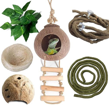kathson Lizard Coco Den with Ladder, Reptile Hideouts Gecko Coconut Husk Hut with Artificial Bendable Jungle Climbing Vines for Chameleon, Lizards, Gecko, Snakes