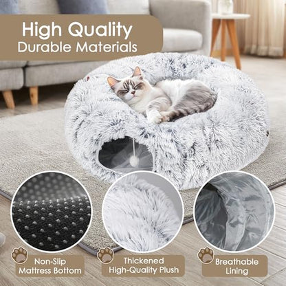 Baseola Fuzzy Cat Tunnel Bed for Indoor Cats, 2-in-1 Interactive Cat Toys | Peekaboo Cat Cave with Washable Mat, Collapsible Cat Play Tunnel for Kittens & Small Pets, Plush Cat Donut Bed Tunnel, Grey - color: Grey