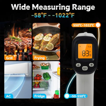 Infrared Thermometer Gun, Digital Laser Temperature Gun -58°F to 1022°F, Adjustable Emissivity, LCD Backlight, MAX/MIN Display, Non-Contact Thermometer for Pizza Oven, BBQ, HVAC, Griddle - color: Gray（-58℉-1022℉）
