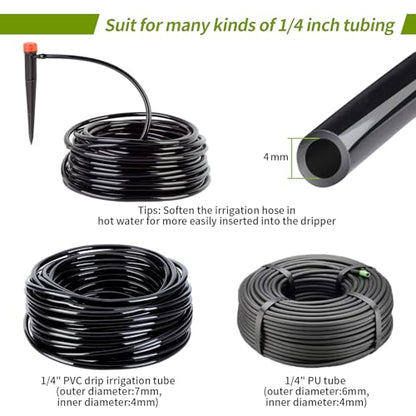 100 pcs Drip Emitters for 1/4" Drip Irrigation Tubing, Adjustable 360 Degree Water Flow Drippers for Drip Irrigation on 5" Arrow Stake for Garden Watering System Flower Plant - size: 100 Pcs Drip Emitters