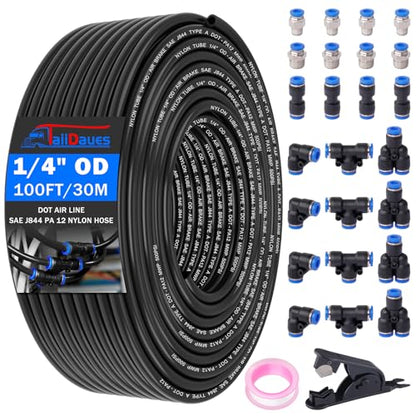 1/4" Air Line Tubing Kit,100 FT(30m)1/4 Inch DOT Air Line SAE j844 PA Nylon Air Hose Quick Connect Fittings with Cutter and Teflon Tape,1/4" Air Hose Kit for Pneumatic System Or Fluid Transfer(27 PCS) - size: 27PCS & 100FT 1/4" Air Line