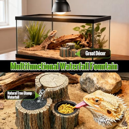 MIXJOY 2 in 1 Reptile Water Fountain with Food Dish 550ML, Reptile Waterfall Drinking Fountain with Adjustable Flow, Natural Resin, Reptile Water Dispenser for Bearded Dragon Gecko Lizard Chameleon