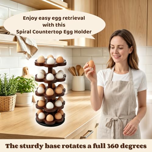 360° Rotating Wooden Egg Holder for 30 Eggs (Brown) | petal-shaped tray, 5 tiers, 6 egg slots per layer, solid wood, farmhouse countertop organizer, for kitchen and Easter display - color: Brown