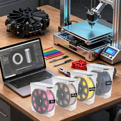 Klmnop 4 Pack Filament Storage Box, Portable 3D Printing Filament Container with Labels & Pen, Water-Proof and Dust-Proof Sealing for 200g and 250g Mini Spools Storage(8.1×8.1×3.7Inch)