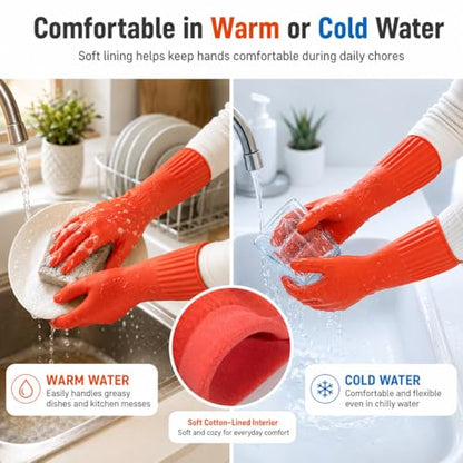 ThxToms Rubber Dishwashing Cleaning Gloves (2-Pair) - Fleece Lined | Reusable Long Dish Gloves for Washing Dishes, Waterproof Kitchen Gloves with Extra-Long Cuff & Anti-Slip Design, Large - size: Large (Pack of 4)