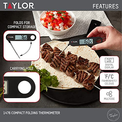 Taylor 1476 Instant Read Digital Meat Food Grill BBQ Cooking Kitchen Thermometer, Tailgating and Grilling Compact Folding Probe, Black - color: Black