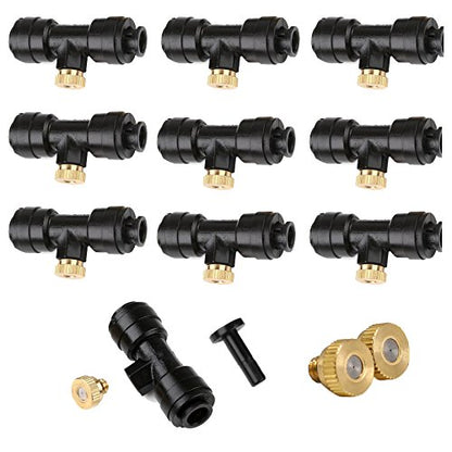 Yotako 1/4'' Slip-Lock Misting Nozzles Kit | 12Pcs Brass Misting Nozzles 10Pcs Water Misting Nozzle Tees Thread Misting Nozzle Tees with Plugs for Spray Cooling System