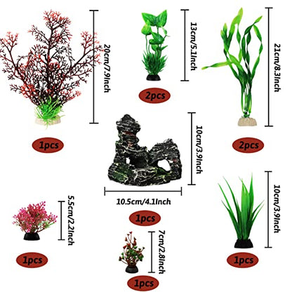 Fish Tank Decorations Plants with Resin Cave Rock View, 9pcs Aquarium Decorations Plants Plastic,Fish Tank Accessories, Fish Cave and Hideout Ornaments, Aquarium Decor
