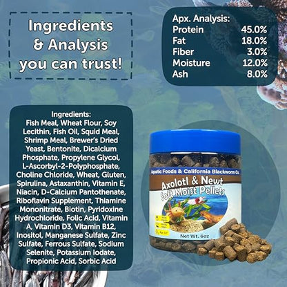 Axolotl Pellet Food 1/4" Soft Moist Sinking Pellets for Juvenile Axolotl Also Shrimp, Snails, Crayfish, Bottom Tropical Fish, Blackworm Pellets Included 6oz Canister