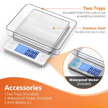 BOMATA 0.01g High Precision Jewelry Scale, 1000g Digital Gram Scale, Silver | Small & Portable Design with Hold, Tare & Counting Function, Precise for Gold, Bullion, Coins, Gemstones & Crafts - color: Silver