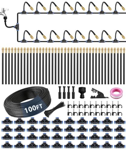 100FT 5/16" Misting Irrigation System for Garden with 40 Adjustable Nozzles | 360° Bendable Copper Nozzles, Quick Connect, Steady Flow, UV-Resistant PE Tubing & Accessories, Garden Beds& Greenhouse - size: 100 FT+40 Nozzles