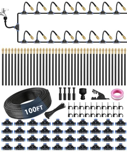 100FT 5/16" Misting Irrigation System for Garden with 40 Adjustable Nozzles | 360° Bendable Copper Nozzles, Quick Connect, Steady Flow, UV-Resistant PE Tubing & Accessories, Garden Beds& Greenhouse - size: 100 FT+40 Nozzles