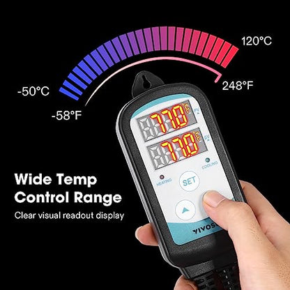 VIVOSUN 1500W Digital Temperature Controller, 2-Stage Outlet Thermostat Heating and Cooling Mode, Thermostat with Dual LED Display, for Homebrew Fermenter Greenhouse Terrarium, 110-240V 20A 1500W