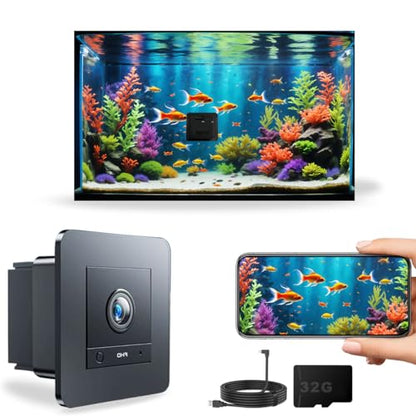 2K HD Aquarium Camera for Fish: Tank & Reptile Terrarium Camera with Battery and 32GB SD Card – Anti-Glare Glass Mount, Night Vision, Two-Way Audio, AI Motion Detection, Aquarium Accessory