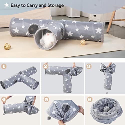JanYoo Bunny Tunnel Rabbit Hideout Cat Toys for Rabbits Accessories 3 Ways | 47'' Collapsible Plush Pet Toys with Interactive Ball for Kittens Rabbits Ferret Guinea Pigs Accessories