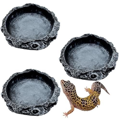 3 Pack Small Reptile Food and Water Bowls, Reptile Feeding Terrarium Bowls for Bearded Dragon Lizard Frog Gecko Tortoise Hermit Crab Snail (Black B) - color: Black - 3 Pack Round Bowls