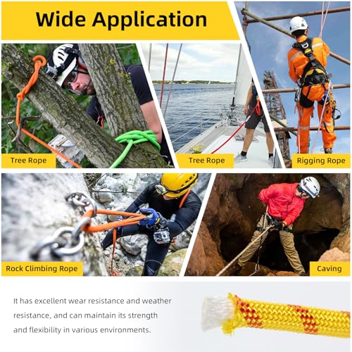 Arborist Rope, 1/2 Inch x 100 Feet Double Braided Climbing Rope Polyester for Outdoor, Climbing, Hiking, Swing, Tree Work, Halyard, Sailing etc(Yellow) - size: 1/2 Inch 100FT Yellow