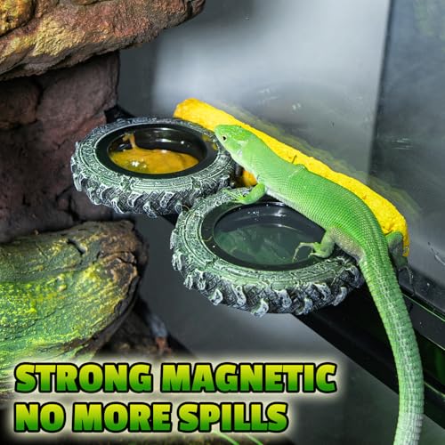 Magnetic Reptile Feeder Ledge, Crested Gecko Feeding Ledge with PVC Food Bowls, Tire-Shaped Reptile Food Dish for Crested Gecko Leopard Gecko Lizard Frog Bearded Dragon