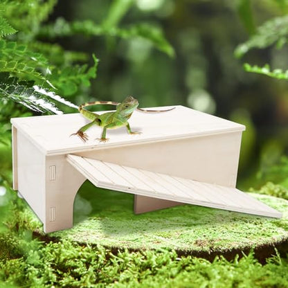 Oooct Bearded Dragon Hide Cave, Wooden Lizard Hideout with Climbing Ramp, Reptile Habitat with Basking Platform, Tank Accessories for Bearded Dragon Lizard Chameleon Hamster 12.9 × 11 × 4.7 Inch - size: 12.9 × 11 × 4.7 Inch