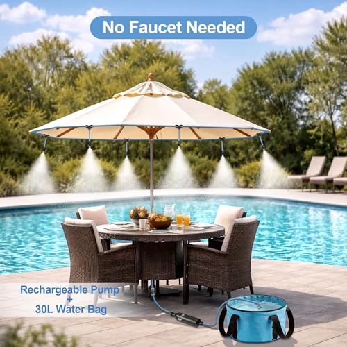 Portable Misting System for Outdoor Cooling, 23 FT Misters for Outside Patio with Rechargeable Pump, 30L Water Bag, 6 Adjustable Nozzles for Tent, Canopy, Backyard, Umbrella and Camping